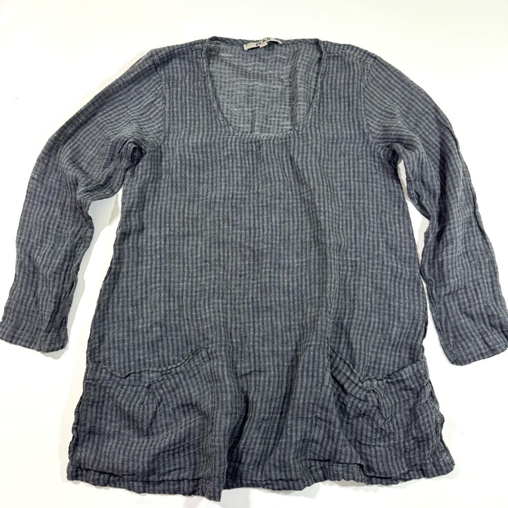 Flax Long Sleeve Tunic Top Grey Check Print Scoop Neck